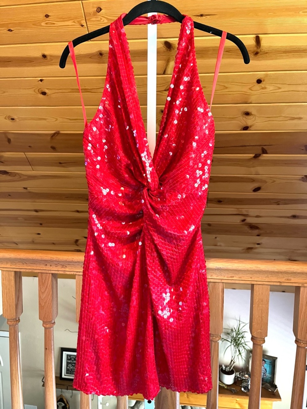 Tootsies Vintage 90s Red Sequin Twist Front V-Neck Halter Mini Dress Size 4